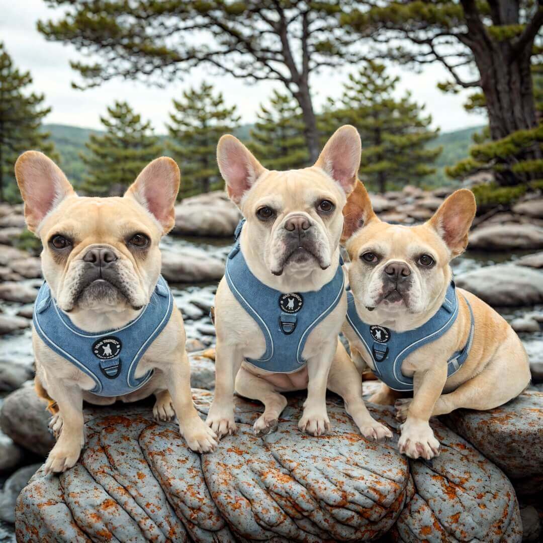 Harnesses For French Bulldogs - three French Bulldogs wearing a denim no pull dog harness sitting outdoors on a rock with pine trees in the background