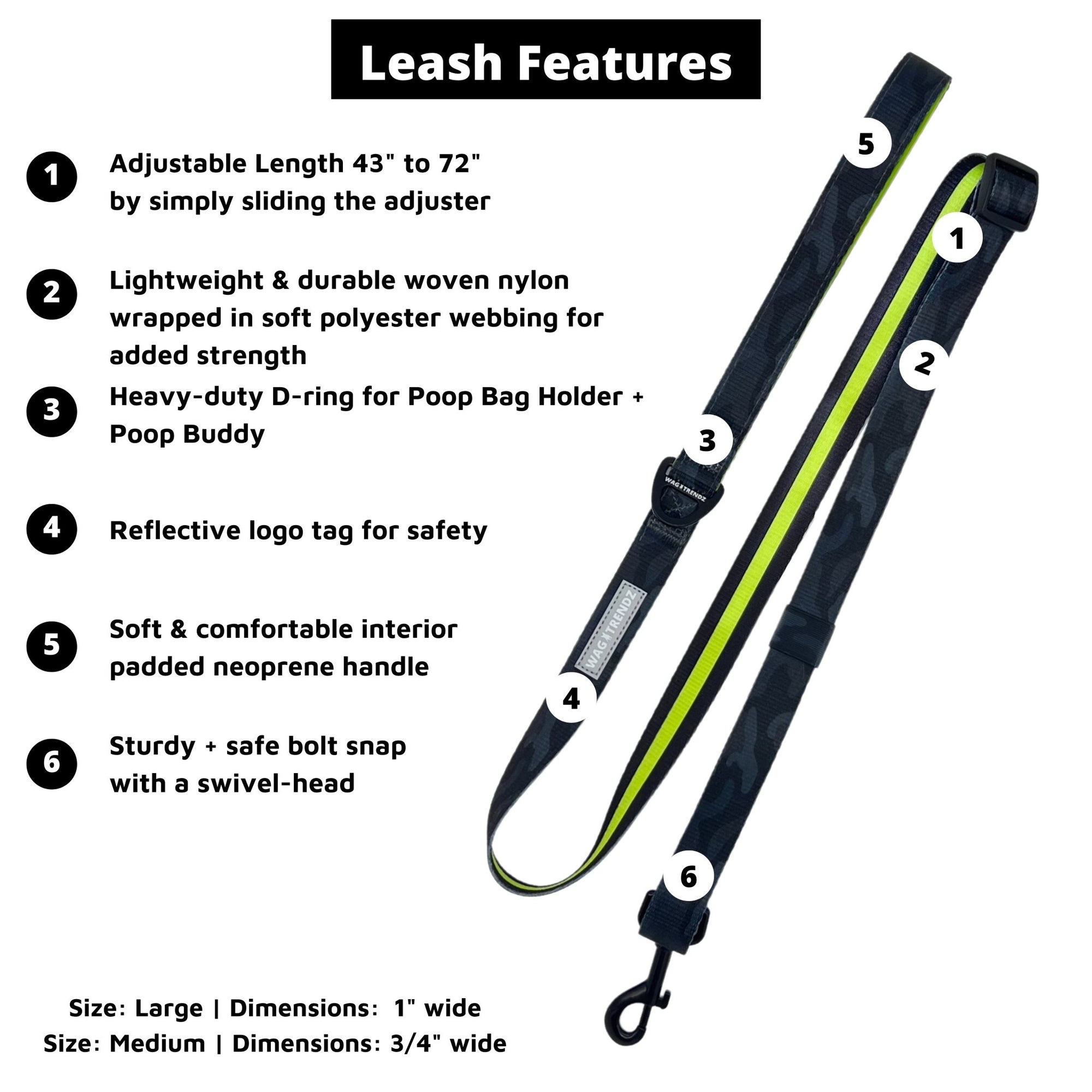 Adjustable Dog Leash - black and grey  Camo with hi-vis accents with product feature captions against a solid white background - Wag Trendz