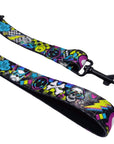 Adjustable Dog Leash - Large - Skull Society with multicolored graphics in yellow, blue, purple with black background - close up against solid white background - Wag Trendz