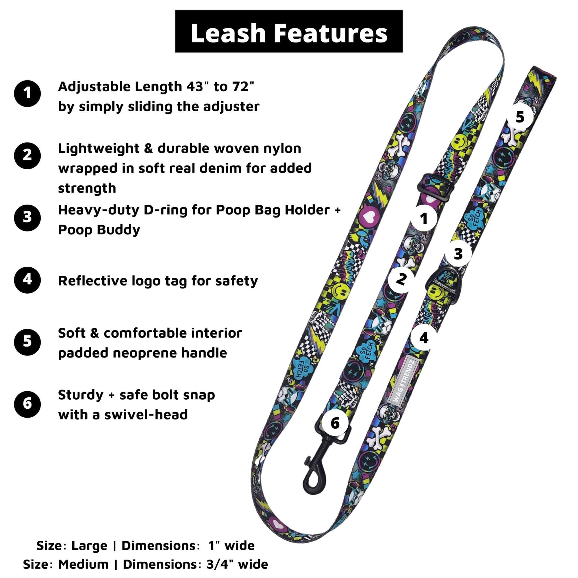 Adjustable Dog Leash - Large - Skull Society with multicolored graphics in yellow, blue, purple with black background - with captions for leash features - against solid white background - Wag Trend