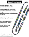 Adjustable Dog Leash - Large - Skull Society with multicolored graphics in yellow, blue, purple with black background - with captions for leash features - against solid white background - Wag Trend