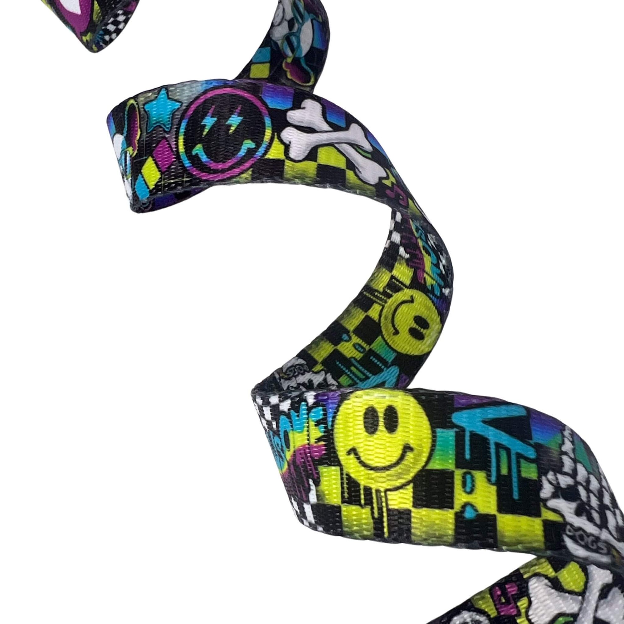 Adjustable Dog Leash - Large - Skull Society with multicolored graphics in yellow, blue, purple with black background - against solid white background - Wag Trendz