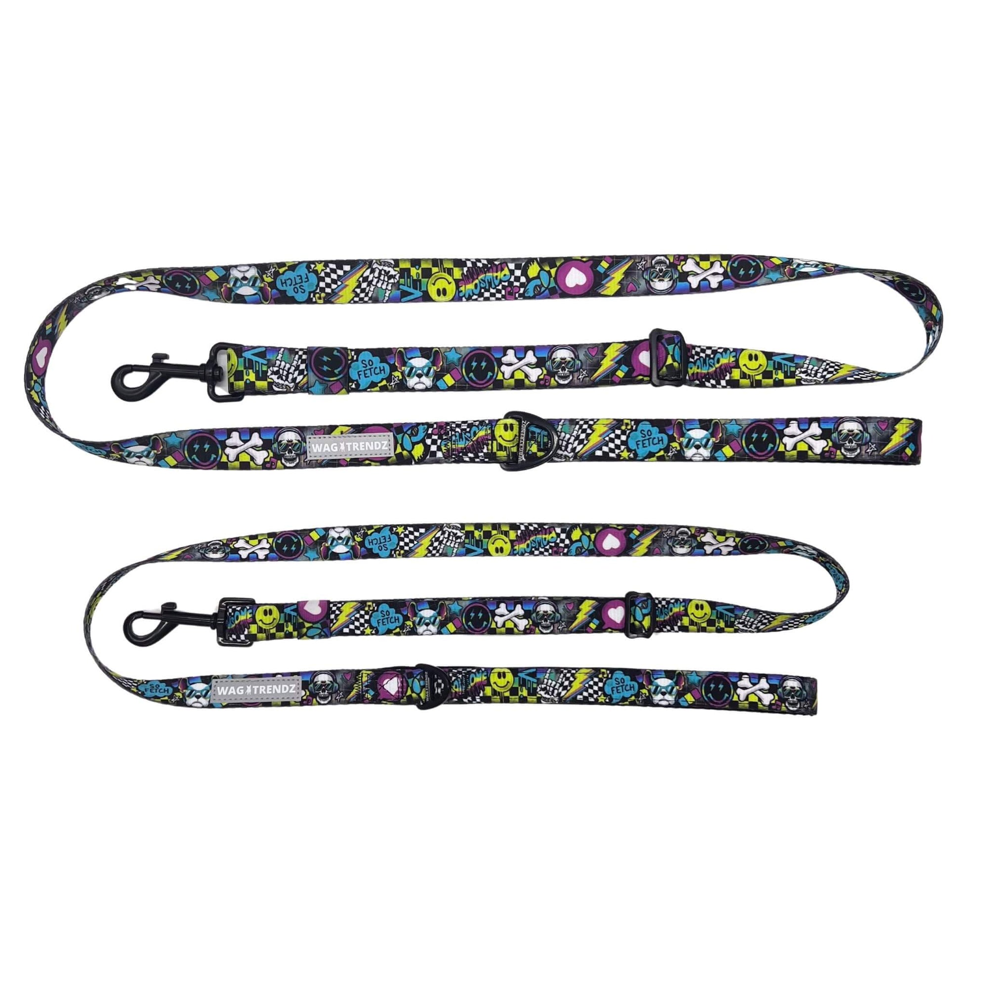 Adjustable Dog Leash - Medium &amp; Large - Skull Society with multicolored graphics in yellow, blue, purple with black background - against solid white background - Wag Trendz