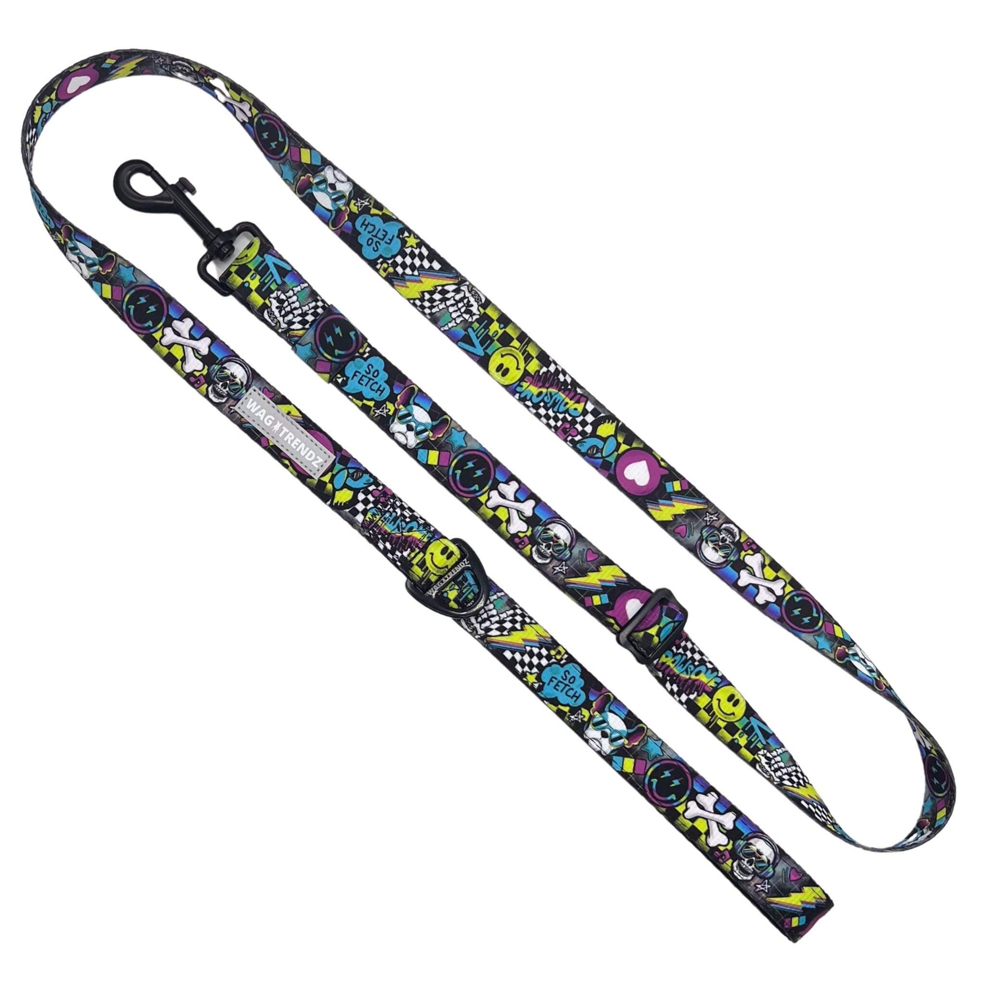 Adjustable Dog Leash - Medium - Skull Society with multicolored graphics in yellow, blue, purple with black background - against solid white background - Wag Trendz