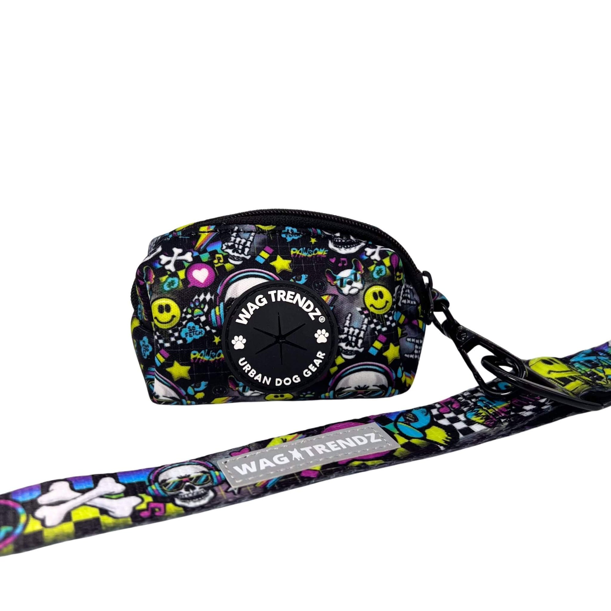 Adjustable Dog Leash - Large - Skull Society with multicolored graphics in yellow, blue, purple with black background - with poop bag holder attached - against solid white background - Wag Trendz