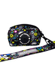 Adjustable Dog Leash - Large - Skull Society with multicolored graphics in yellow, blue, purple with black background - with poop bag holder attached - against solid white background - Wag Trendz