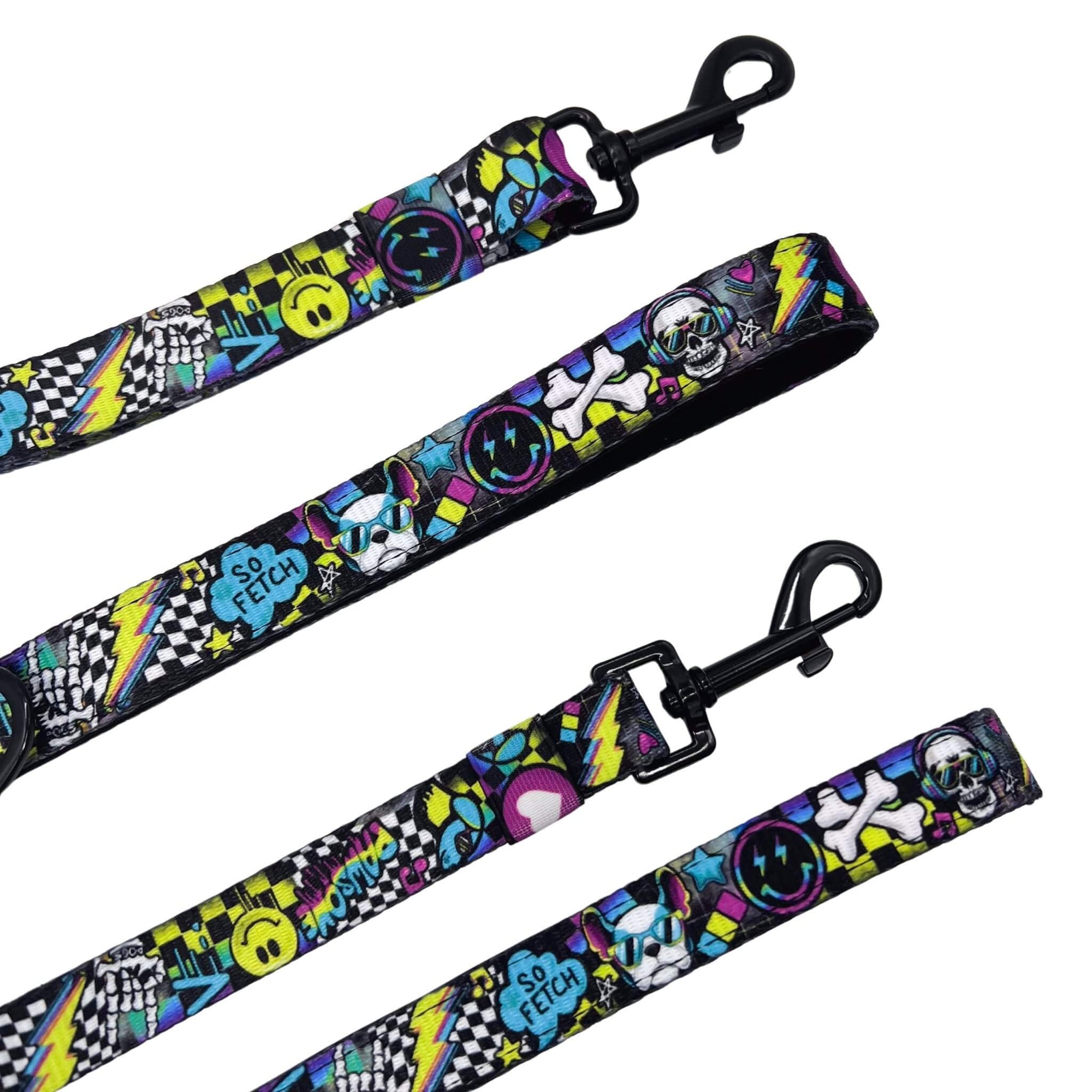 Adjustable Dog Leash - Large - Skull Society with multicolored graphics in yellow, blue, purple with black background - against solid white background - Wag Trendz