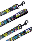 Adjustable Dog Leash - Large - Skull Society with multicolored graphics in yellow, blue, purple with black background - against solid white background - Wag Trendz