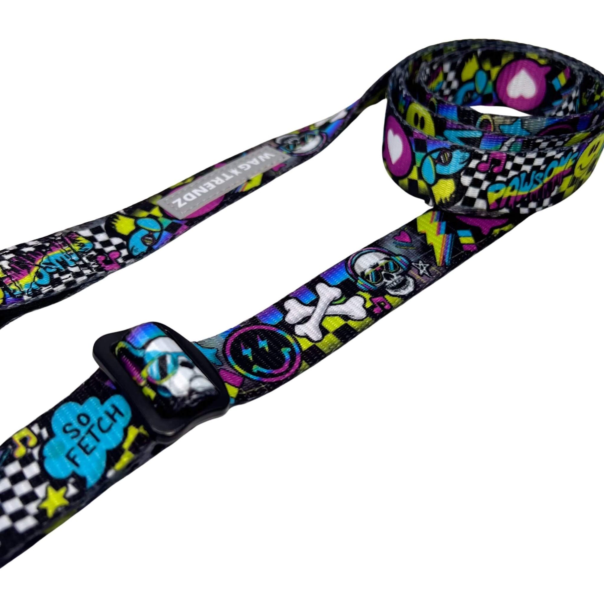 Adjustable Dog Leash - Large - Skull Society with multicolored graphics in yellow, blue, purple with black background - closeup against solid white background - Wag Trendz