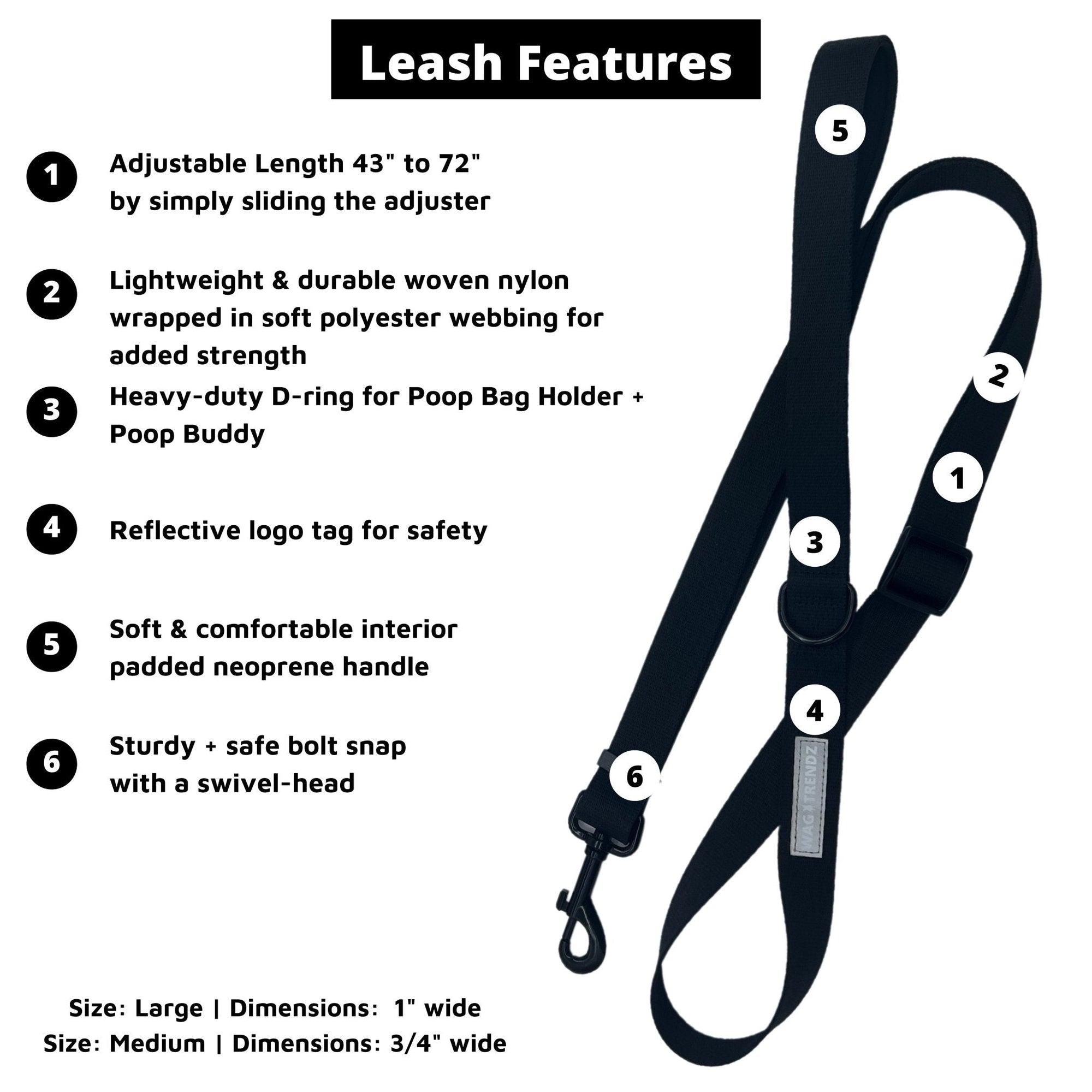 Adjustable Dog Leash - black adjustable dog leash with product feature captions - against solid white background - Wag Trendz