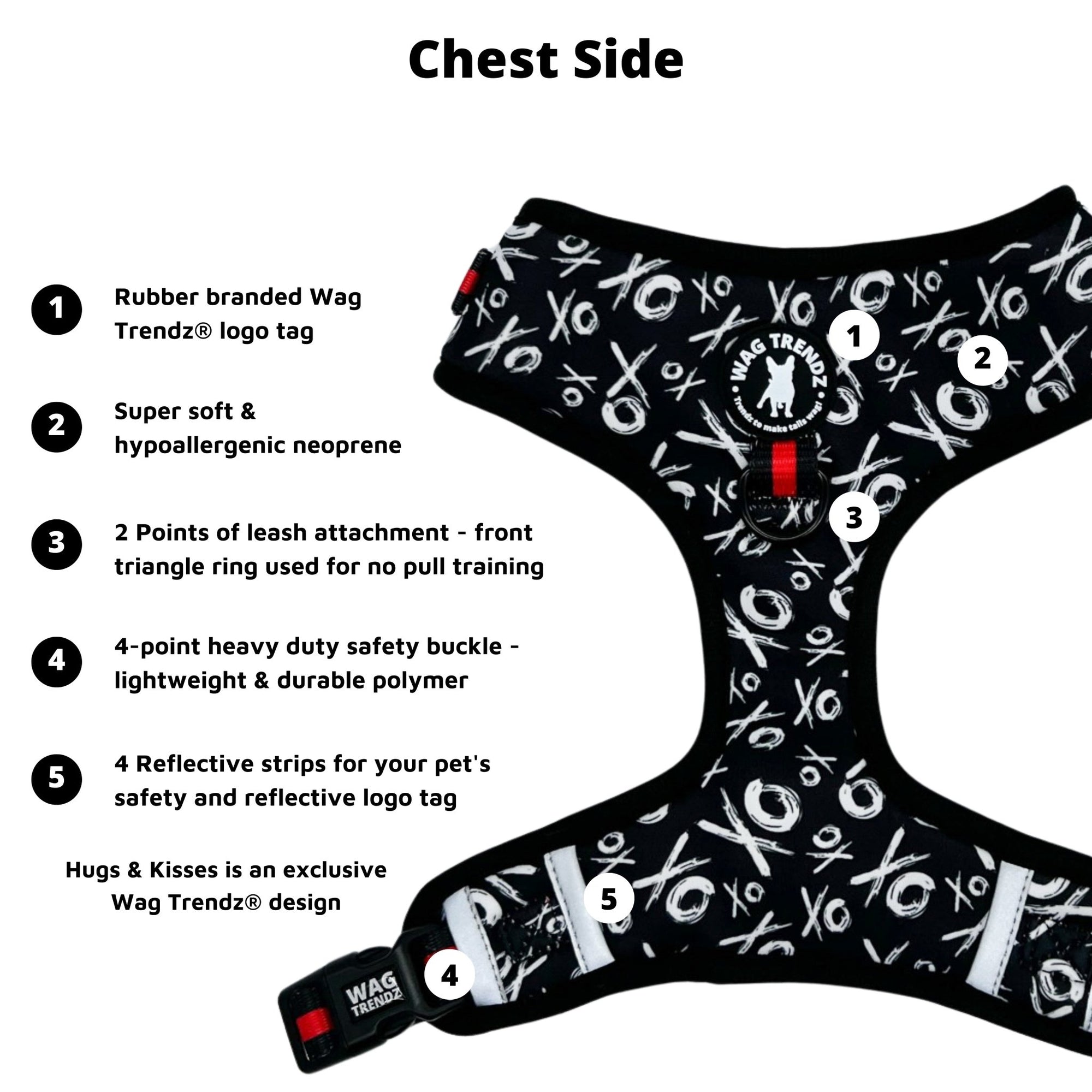 Dog Collar Harness and Leash Set - Dog Harness Vest in black and white XO&#39;s with bold red accents - product feature captions - chest side - against solid white background - Wag Trendz