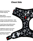Dog Collar Harness and Leash Set - Dog Harness Vest in black and white XO's with bold red accents - product feature captions - chest side - against solid white background - Wag Trendz