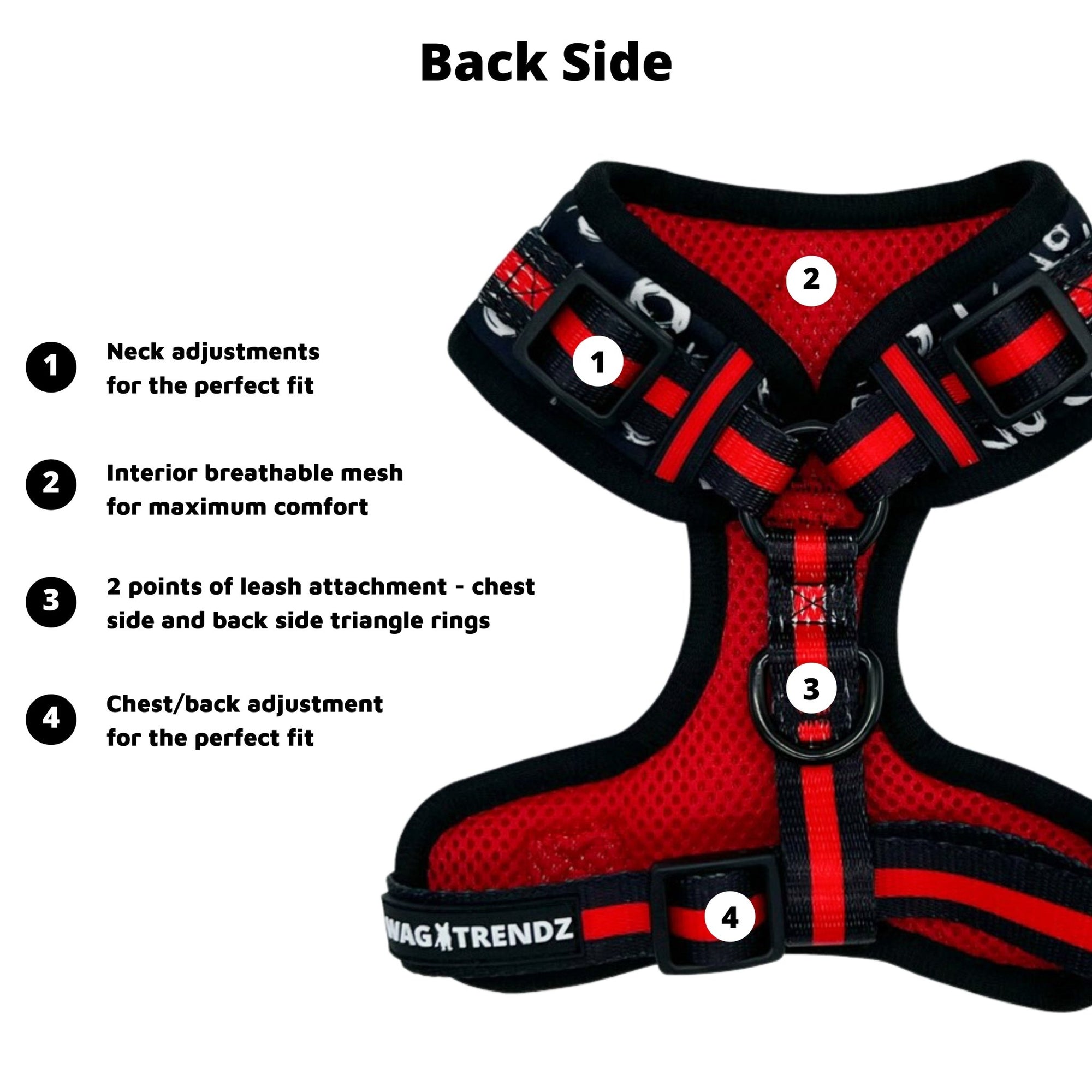 Dog Collar Harness and Leash Set- Dog Harness Vest in black and white XO&#39;s with bold red accents - product feature captions - back side - against solid white background - Wag Trendz