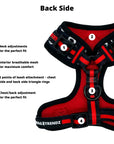 Dog Collar Harness and Leash Set- Dog Harness Vest in black and white XO's with bold red accents - product feature captions - back side - against solid white background - Wag Trendz