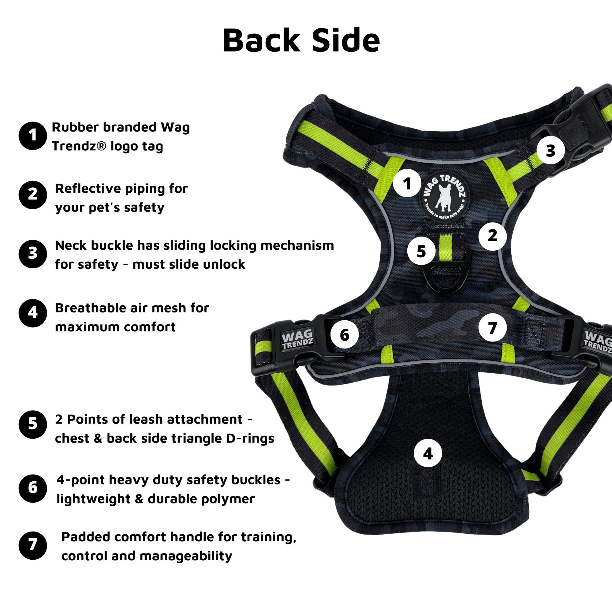 Dog Harness and Leash Set - black and gray camo no pull harness with hi vis accents - back view - against solid white background - Wag Trendz