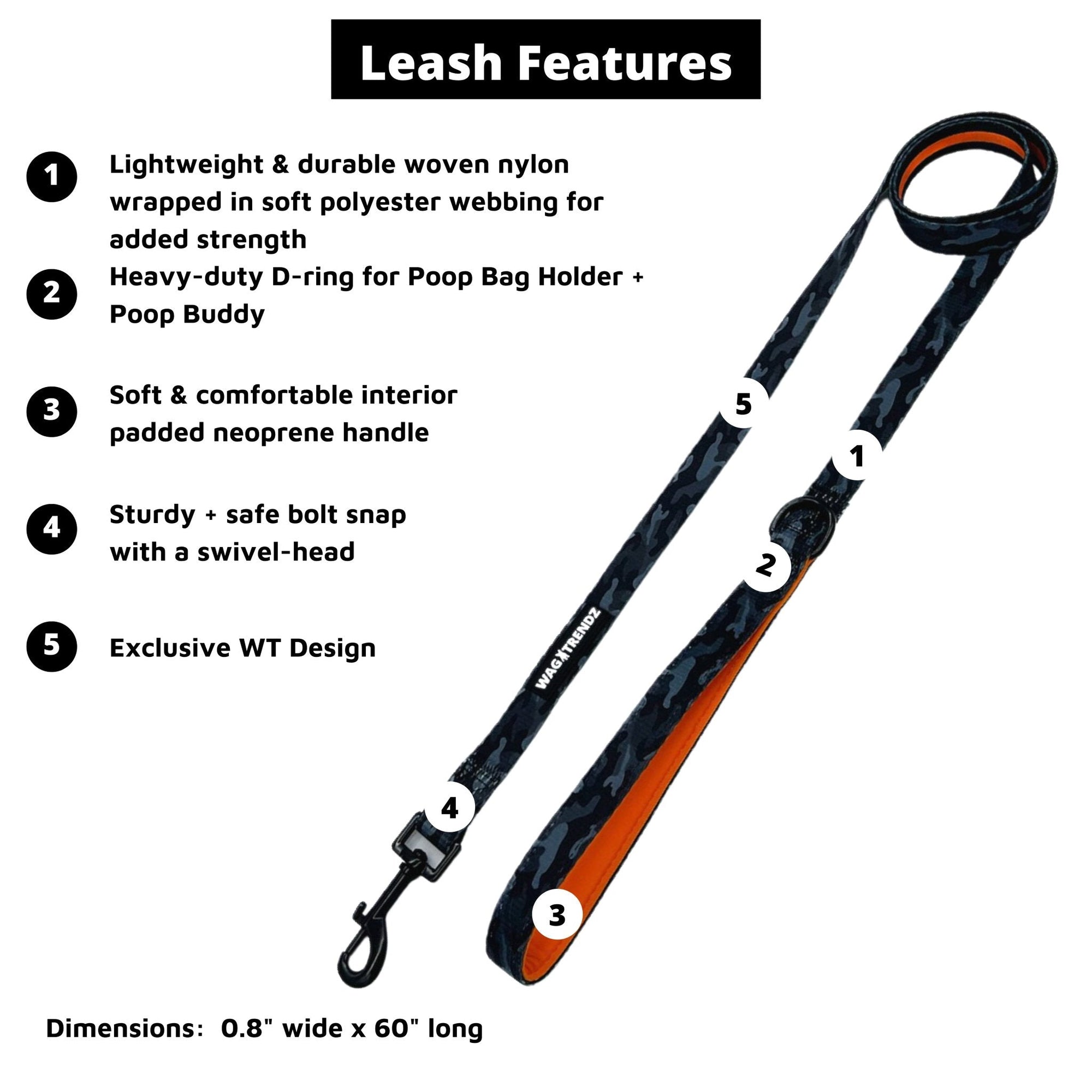 Dog Harness and Leash Set - Black &amp; Gray camo dog leash with Orange Accents - product feature captions - against solid white background - Wag Trendz
