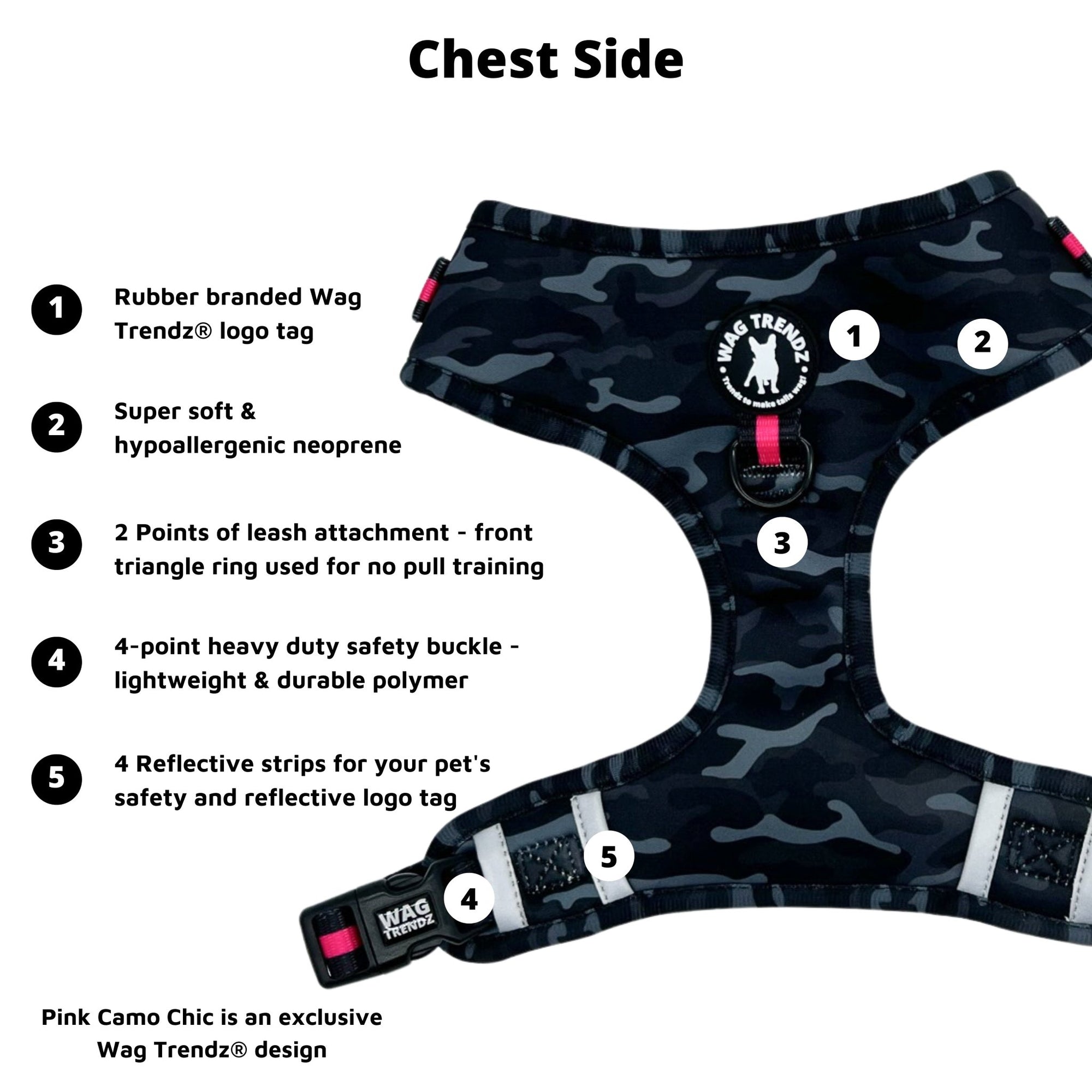 Dog Harness and Leash Set - black and gray camo adjustable harness with hot pink accents and a front clip for pull training - chest view against a solid white background with product feature captions - Wag Trendz