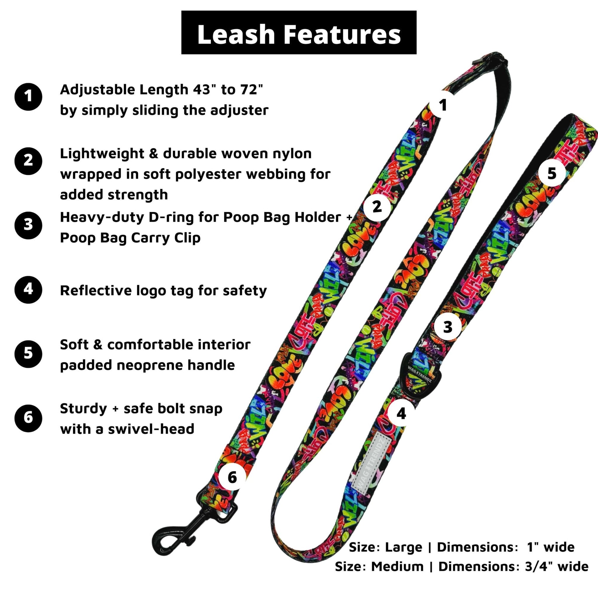 Dog Harness and Leash Set - adjustable dog leash in multi colored Street Graffiti with product feature captions - against solid white background - Wag Trendz