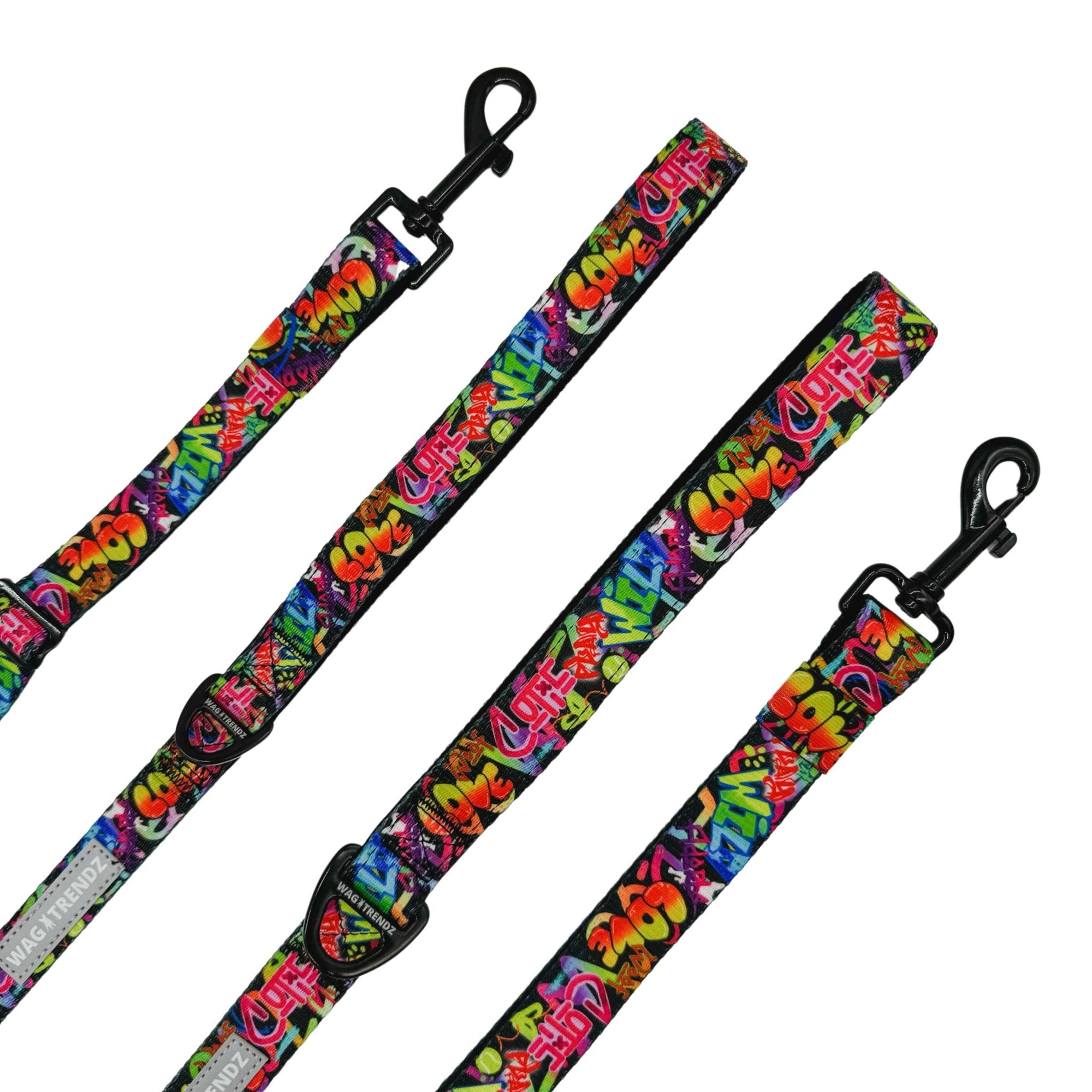 Dog Harness and Leash Set - adjustable dog leash in multi colored Street Graffiti - against solid white background - Wag Trendz