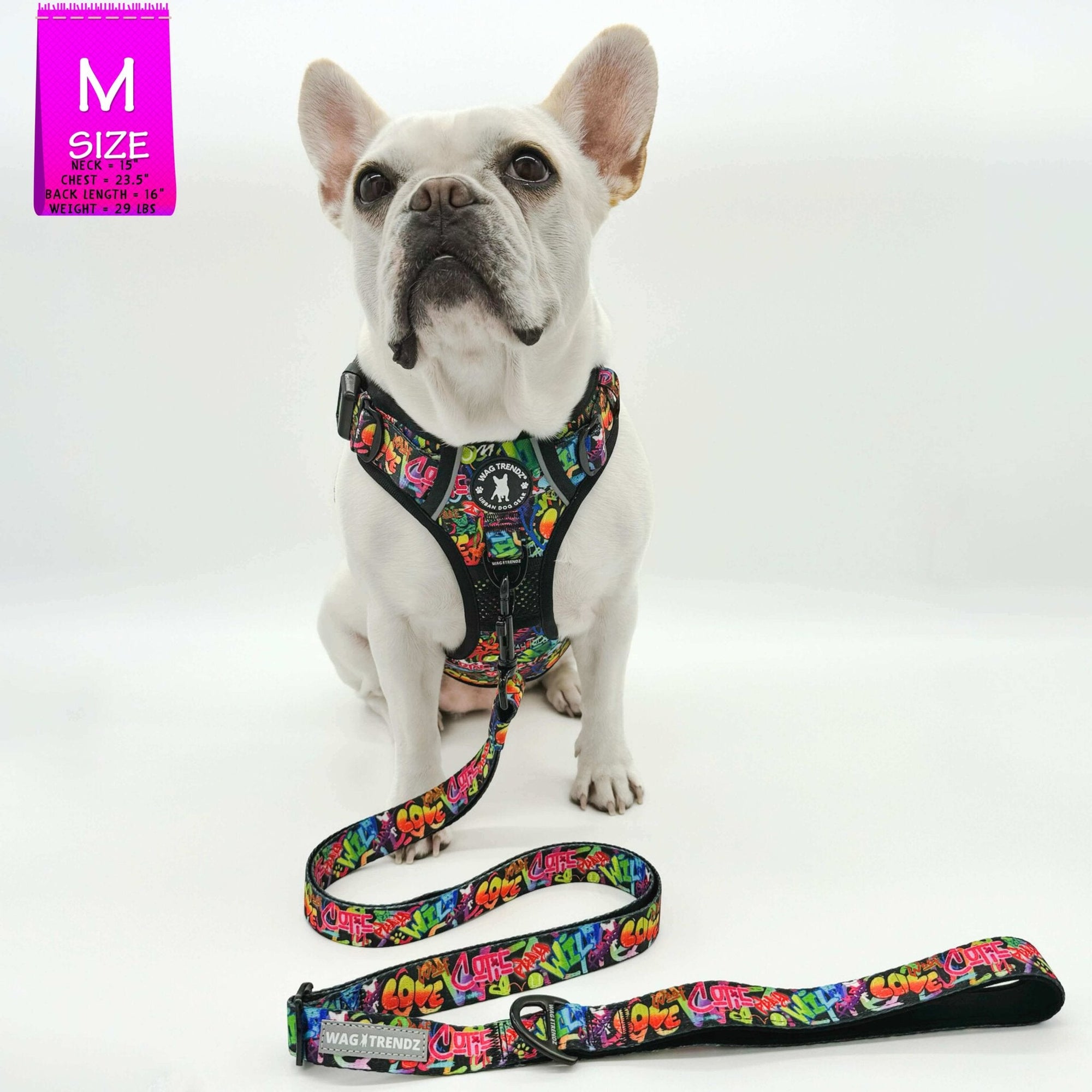 Dog Harness and Leash Set - French Bulldog wearing a medium no pull dog harness with handle - multi colored Street Graffiti - with matching adjustable leash - against solid white background - Wag Trendz