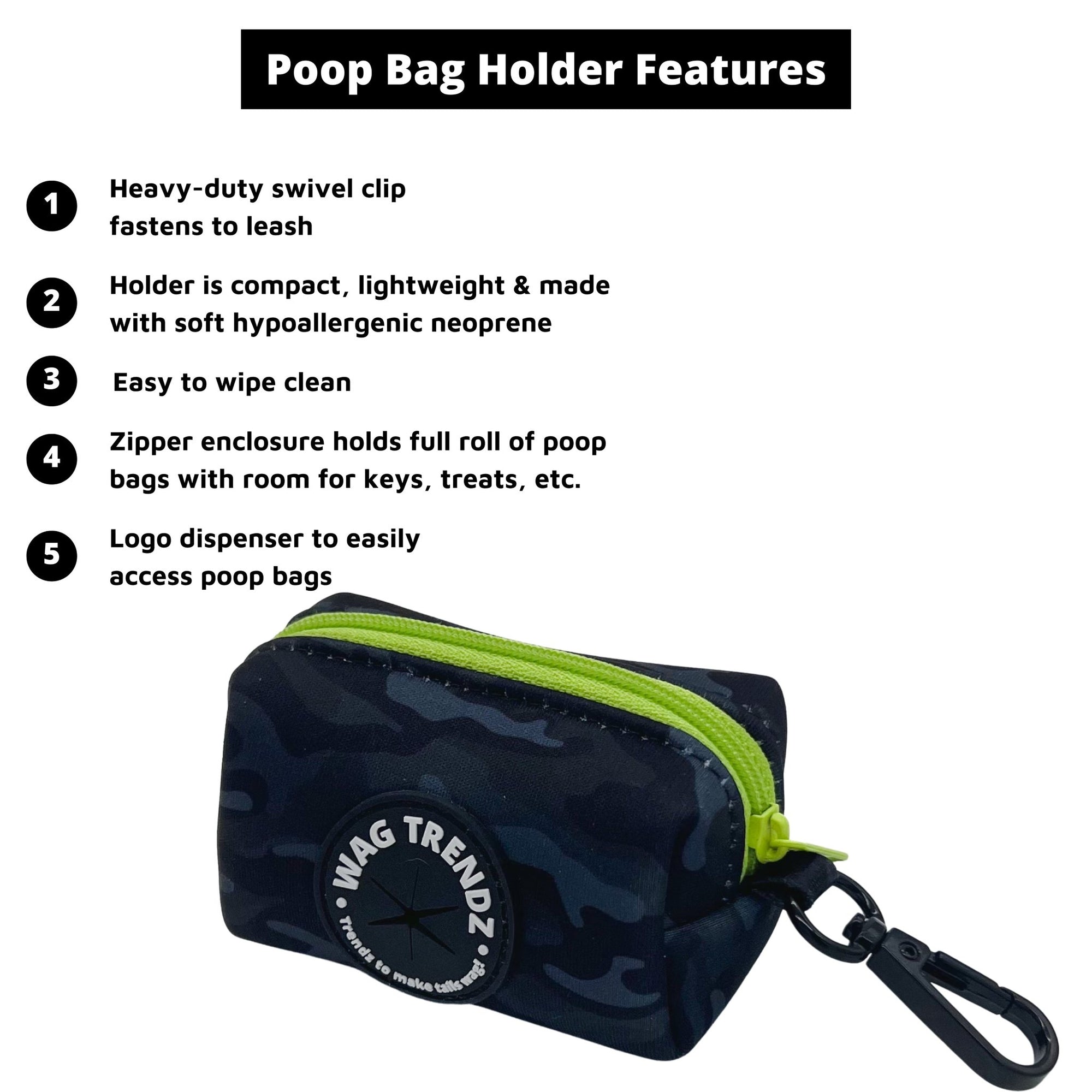 Dog Poo Bag Holder in black and gray camo with Hi Vis accents - with product feature captions - against solid white background - Wag Trendz