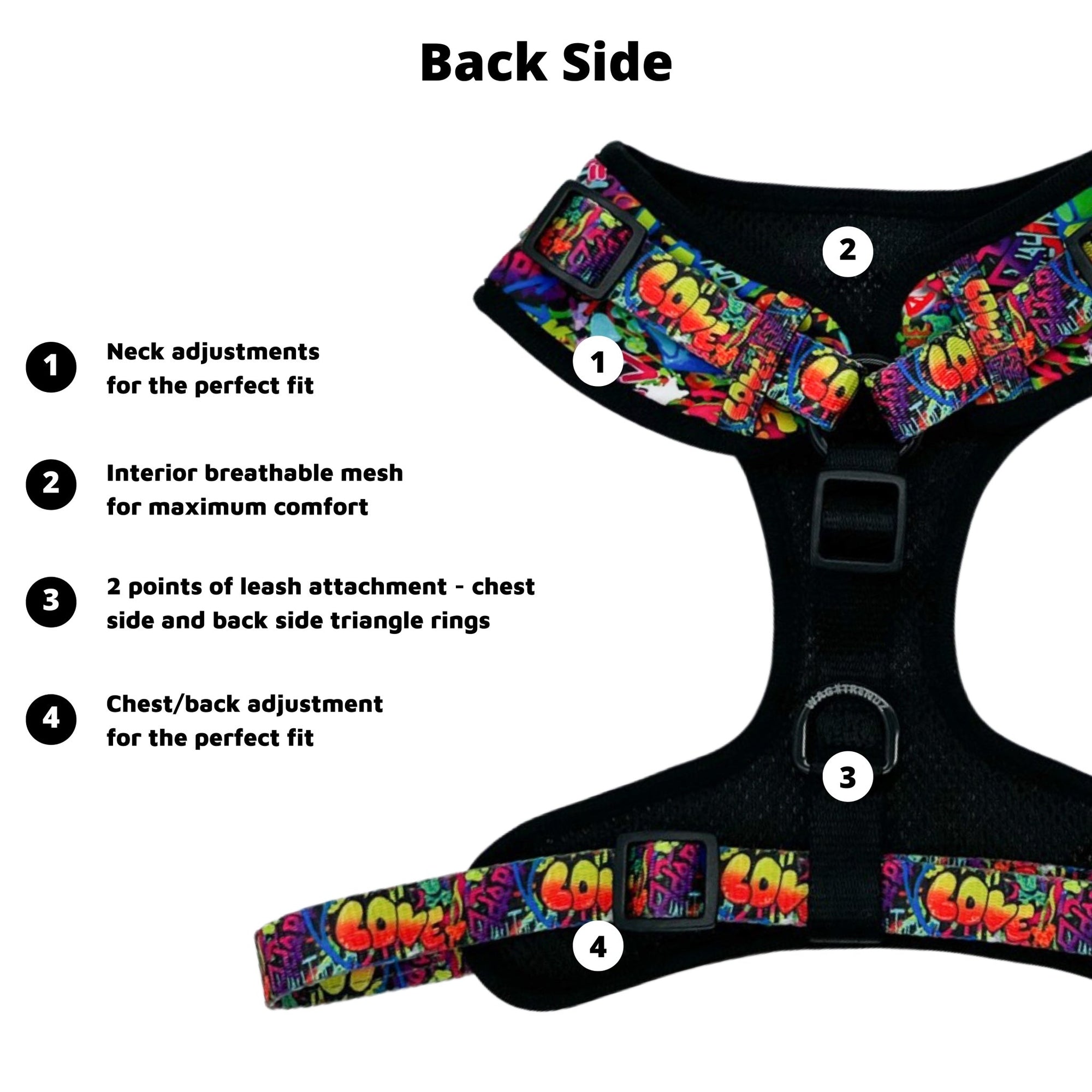 Dog Harness and Leash Set - Front Clip - multi-colored street graffiti on dog harness against solid white background - with product feature descriptions for backside of dog harness - Wag Trendz