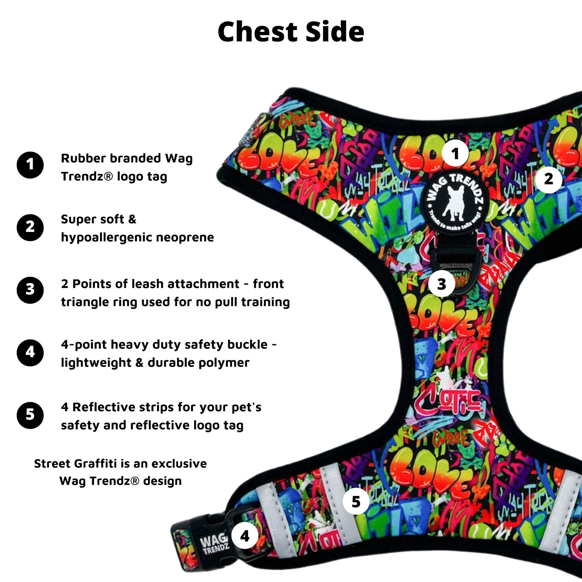 Dog Harness and Leash Set - Front Clip - multi-colored street graffiti on dog harness against solid white background - with product feature descriptions for chest side of dog harness - Wag Trendz