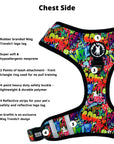 Dog Harness and Leash Set - Front Clip - multi-colored street graffiti on dog harness against solid white background - with product feature descriptions for chest side of dog harness - Wag Trendz