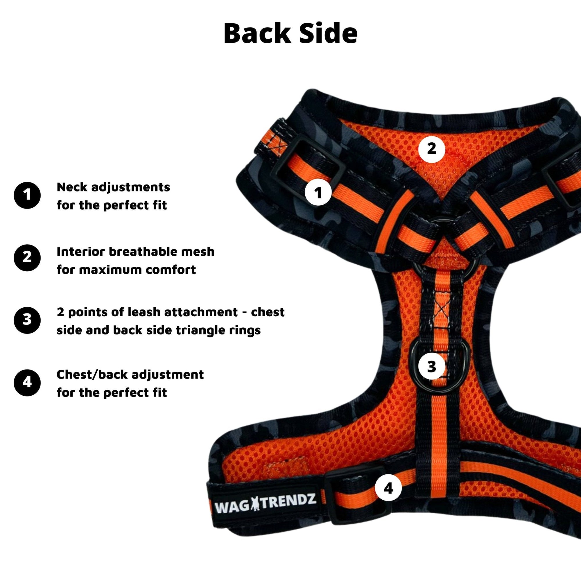 No Pull Dog Harness - black and gray camo with orange accents - back side view with product feature captions - against solid white background - Wag Trendz