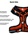 No Pull Dog Harness - black and gray camo with orange accents - back side view with product feature captions - against solid white background - Wag Trendz
