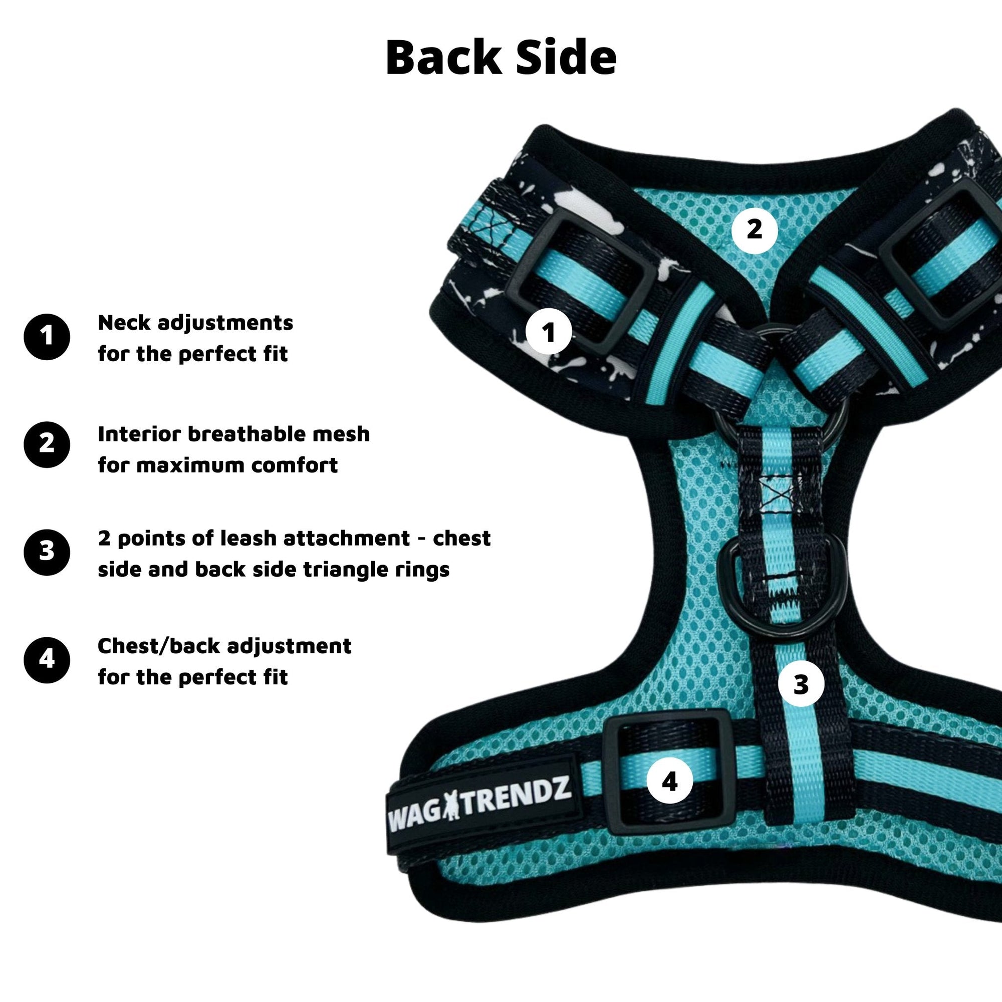 No Pull Dog Harness - black adjustable harness with white paint splatter and teal accents with product feature captions - against a solid white background - Wag Trendz