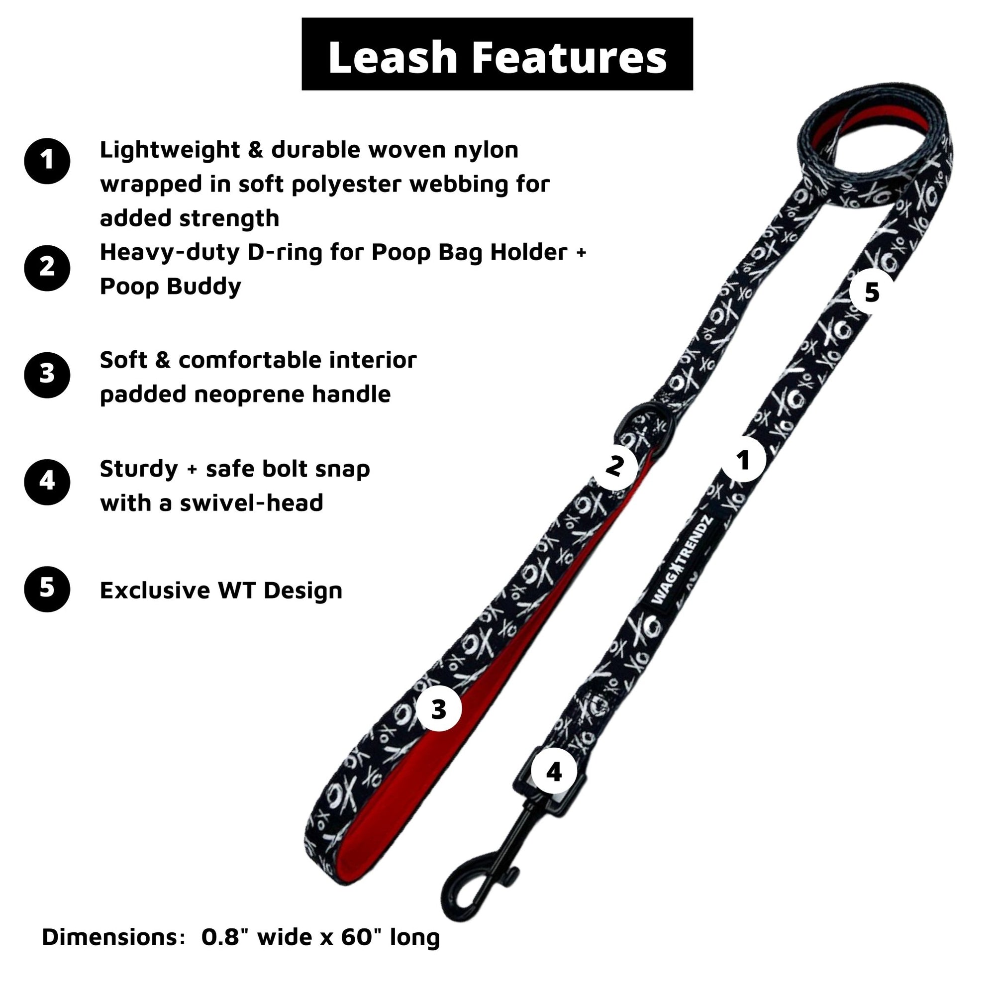 Nylon Dog Leash - black and white XO&#39;s with red accents - against a solid white background - product feature captions - Wag Trendz