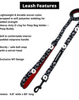 Nylon Dog Leash - black and white XO's with red accents - against a solid white background - product feature captions - Wag Trendz