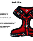 Dog Leash and Harness Set- Dog Harness Vest in black and white XO's with bold red accents - product feature captions - back side - against solid white background - Wag Trendz