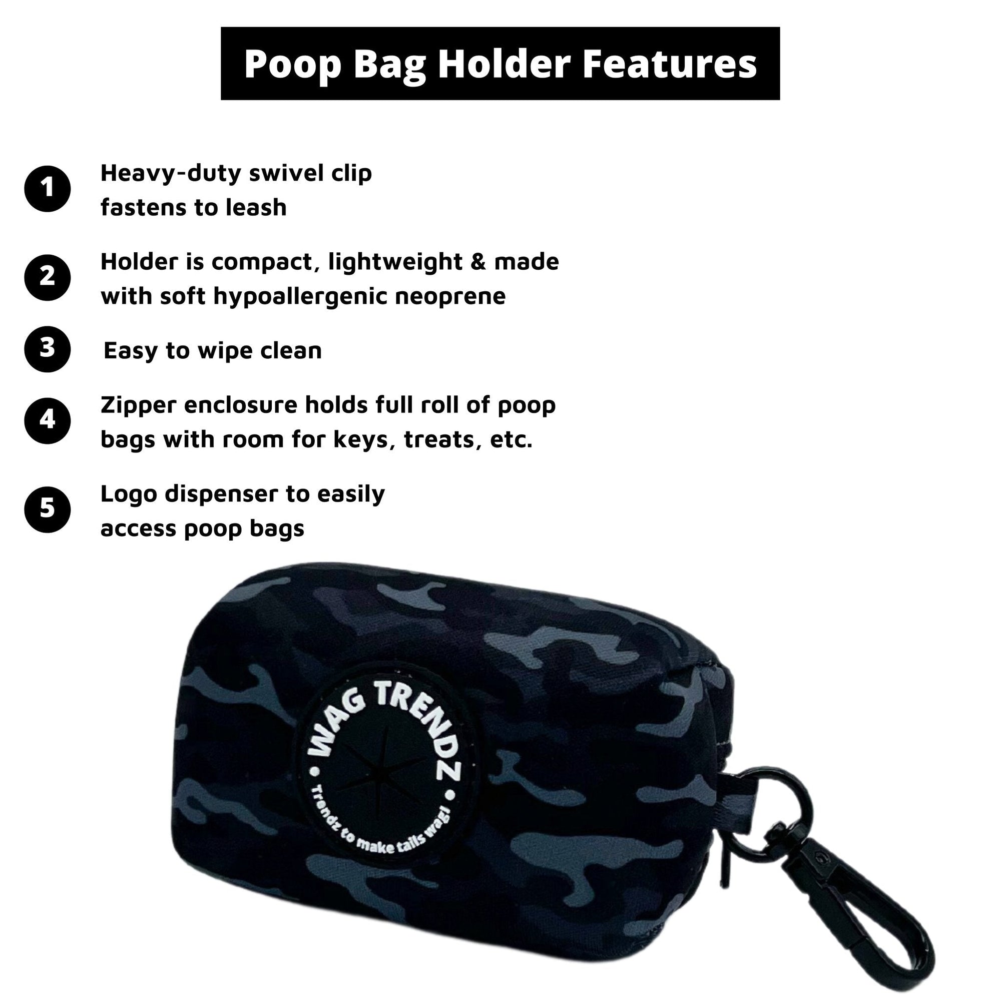 Dog Poo Bag Holder - black and gray Camo Chic- with product feature captions - against white background - Wag Trendz