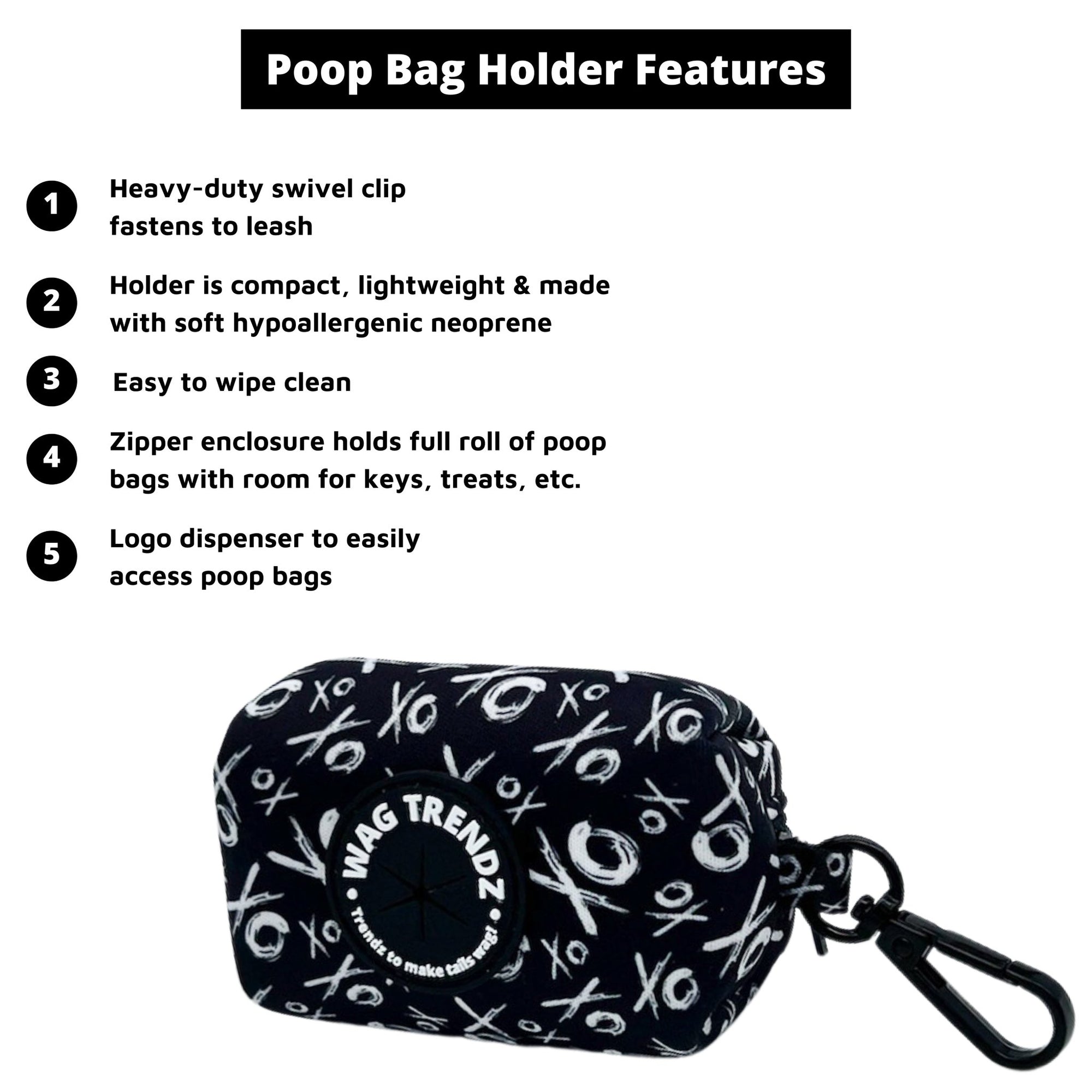 Dog Poo Bag Holder - black &amp; white XO pattern - Hugs &amp; Kisses XO - against white background - with product feature captions - Wag Trendz