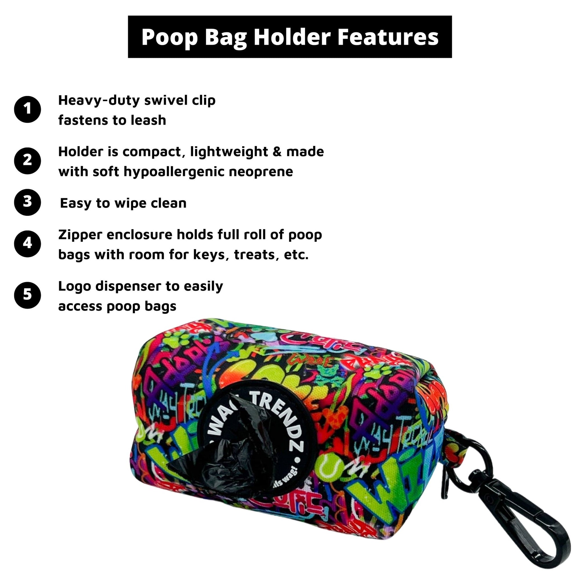 Dog Poo Bag Holder - with product feature captions - against white background - Wag Trendz