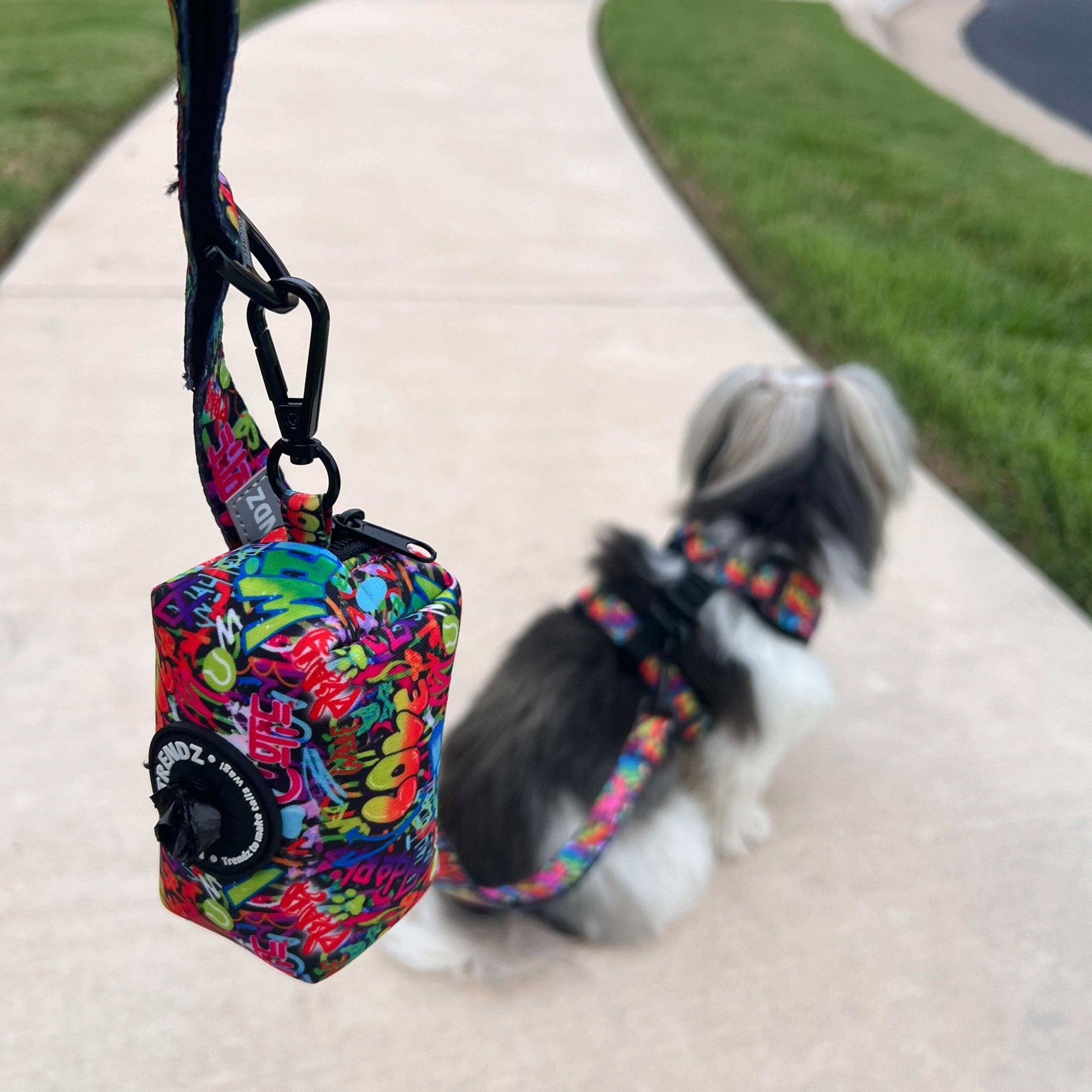 Dog Poo Bag Holder - Shih Tzu mix wearing multi-colored street graffiti dog harness with matching dog leash and poo bag holder attached - sitting outdoors on concrete - Wag Trendz