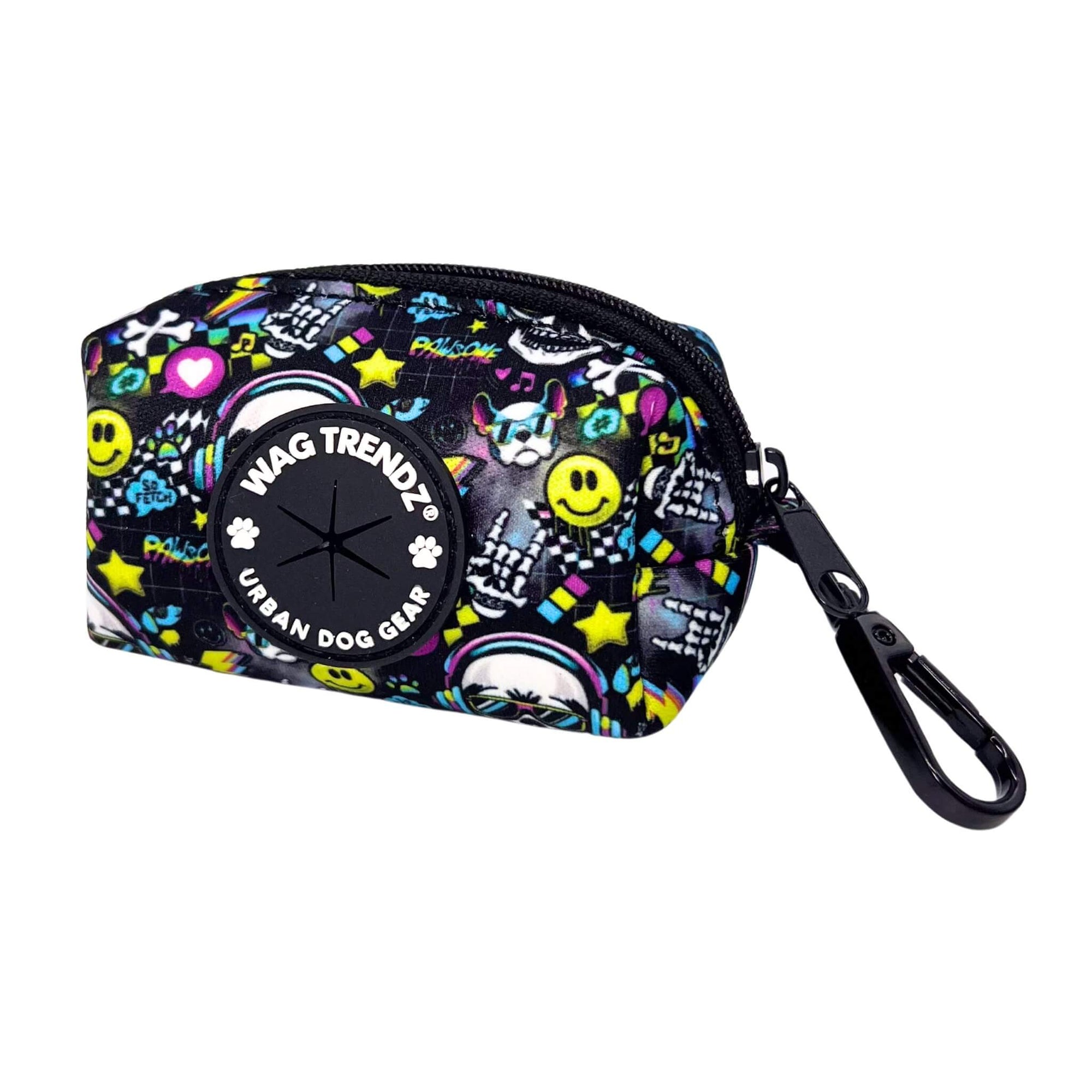 Dog Poop Bag Holder - Skull Society with multicolored graphics in yellow, blue, purple with black background - against solid white background - Wag Trendz