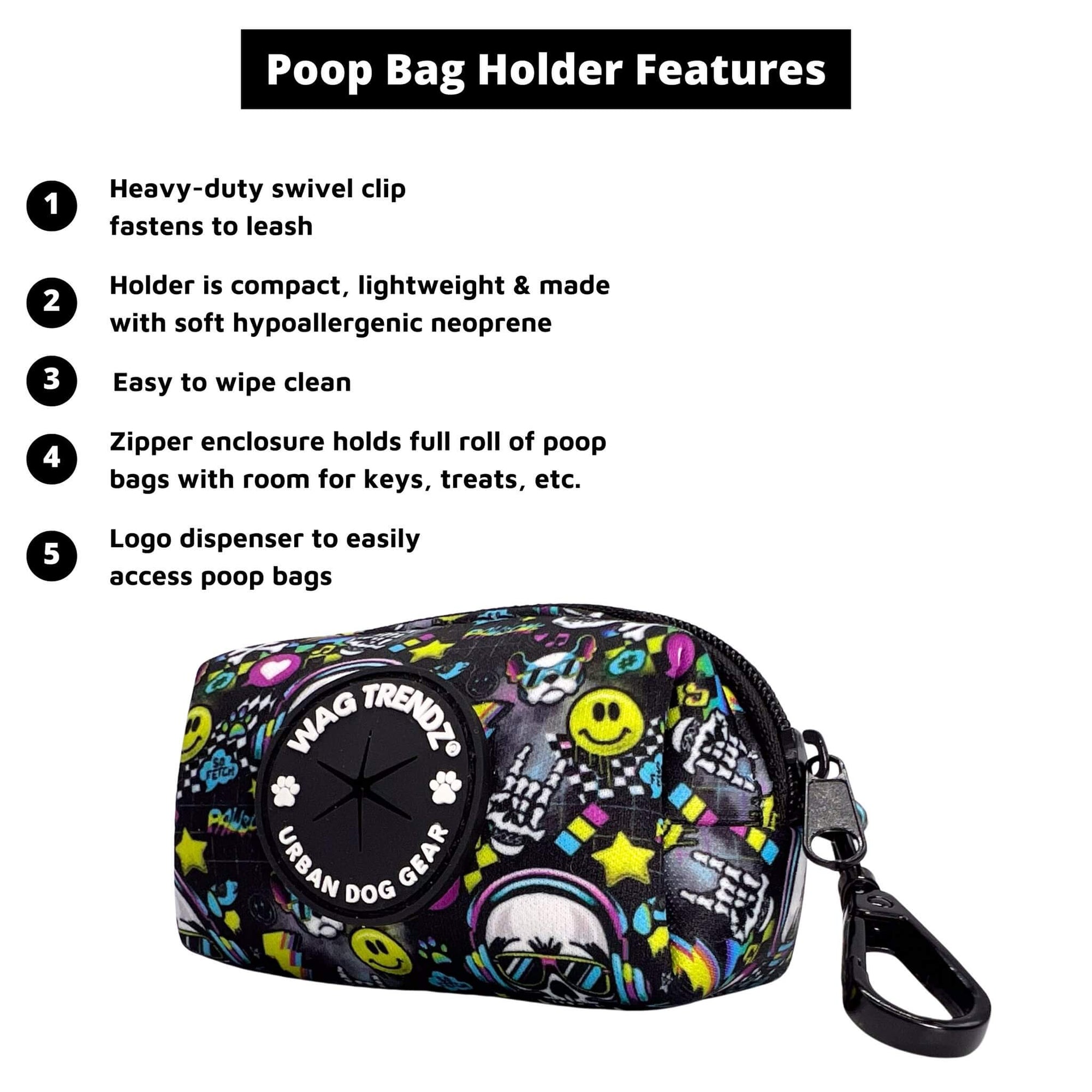 Dog Poop Bag Holder - Skull Society with multicolored graphics in yellow, blue, purple with black background - with product feature captions - against solid white background - Wag Trendz