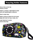 Dog Poop Bag Holder - Skull Society with multicolored graphics in yellow, blue, purple with black background - with product feature captions - against solid white background - Wag Trendz