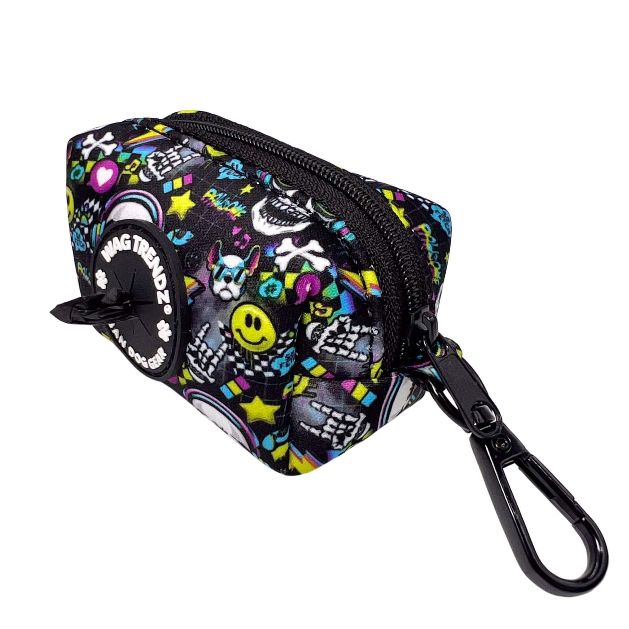 Dog Poop Bag Holder - Skull Society with multicolored graphics in yellow, blue, purple with black background - against solid white background - Wag Trendz