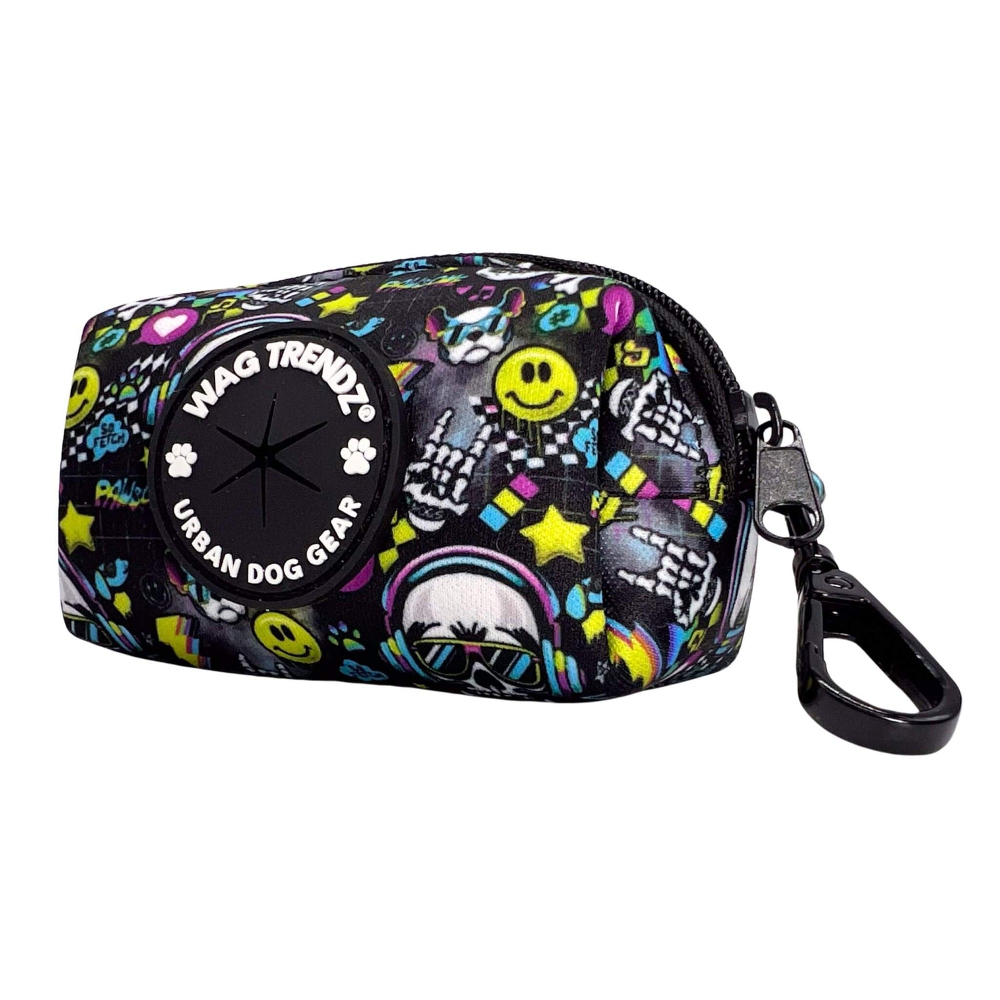 Dog Poop Bag Holder - Skull Society with multicolored graphics in yellow, blue, purple with black background - against solid white background - Wag Trendz