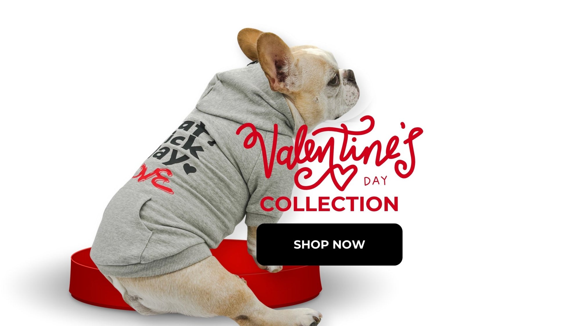 Dog Hoodie worn by French Bulldog - Valentines Dog Gear - against solid white background and slide show of dog harnesses, leashes, collars and poo bag holder - Wag Trendz®