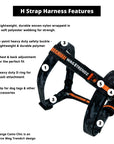 H Dog Harness - Roman Dog Harness - Dog Harness with straps in black and grey camo with bold orange accents - product feature captions - against solid white background - Wag Trendz