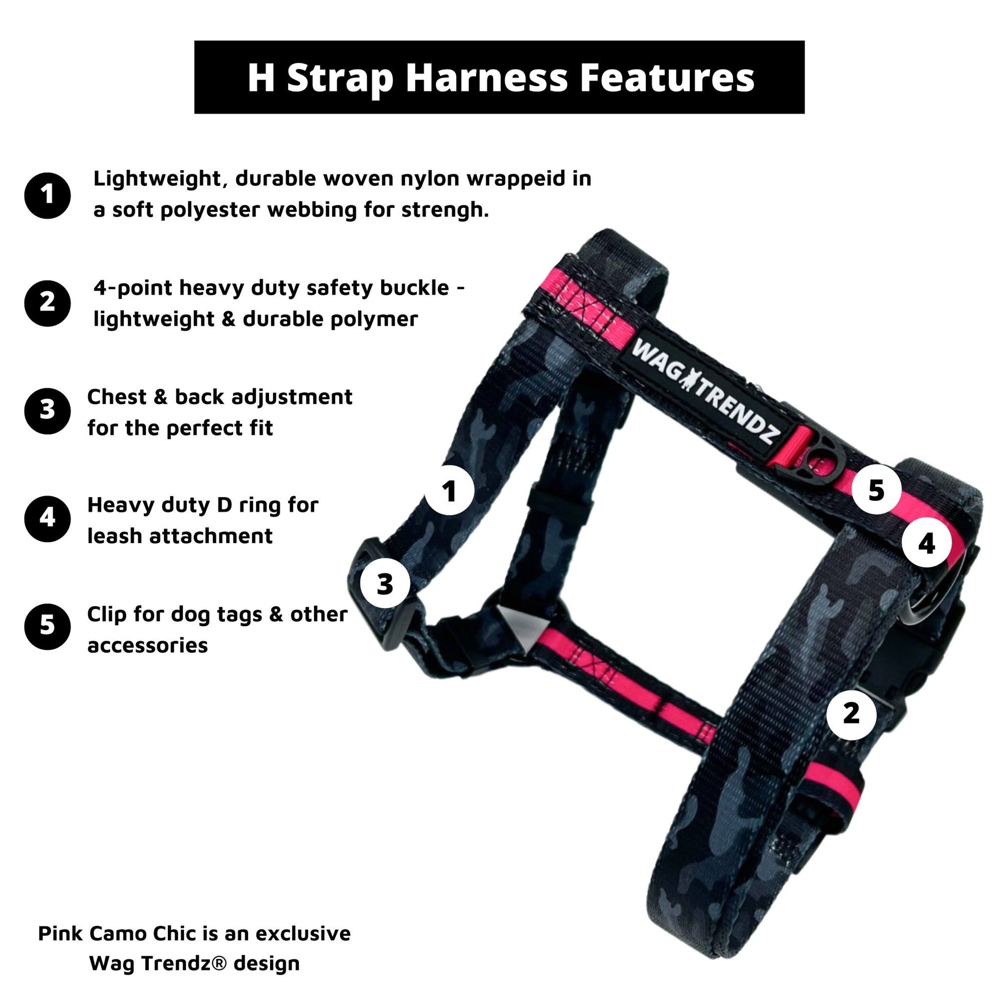 H Dog Harness - Roman Dog Harness - Large Black and gray camo dog strap harness with bold pink accent against white background - Wag Trendz
