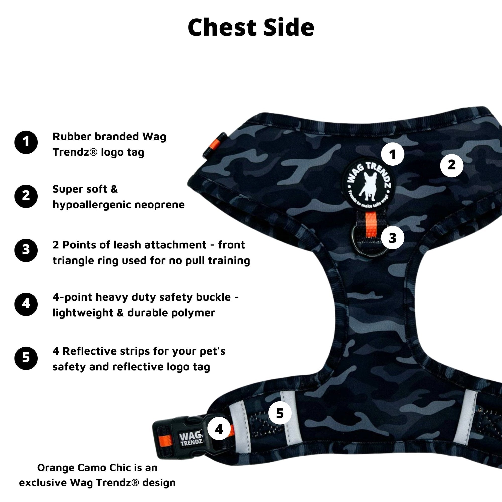 No Pull Dog Harness - black & gray camo no pull dog harness with bold orange accents - with product feature captions - chest side - against solid white background - Wag Trendz