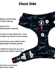 No Pull Dog Harness - black and gray camo adjustable harness with hot pink accents and a front clip for pull training - chest view against a solid white background with product feature captions - Wag Trendz
