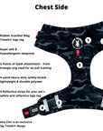 No Pull Dog Harness - black and gray camo no pull dog harness with hot pink accents and a front clip for no pull training - chest view against a solid white background with product feature captions - Wag Trendz