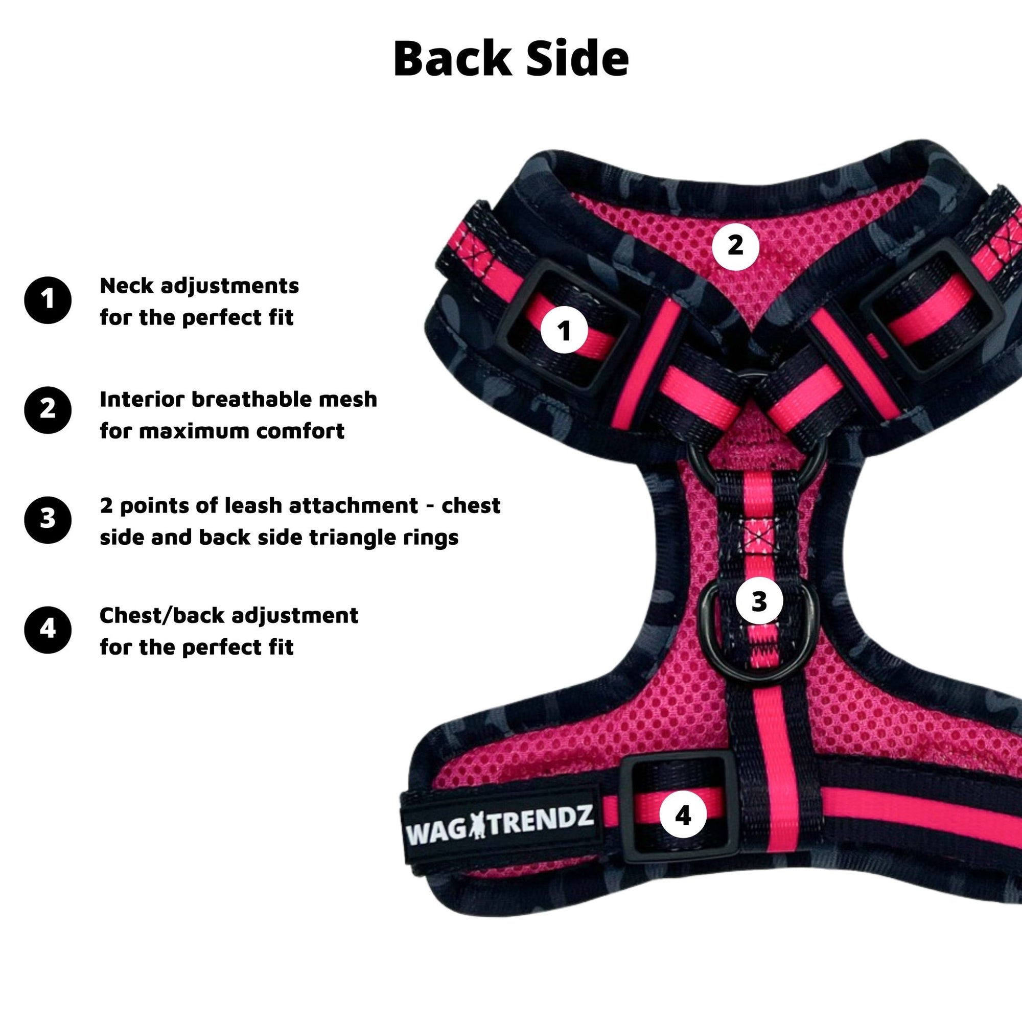 No Pull Dog Harness - black and gray camo adjustable harness with hot pink accents - back view against a solid white background with product feature captions - Wag Trendz